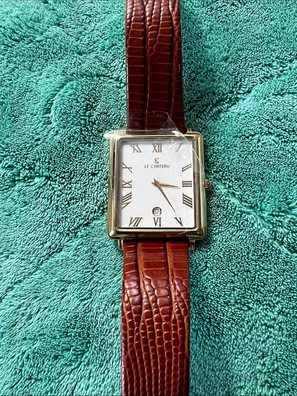 le chateau Gold Square Dress Watch with Brown Leather Strap